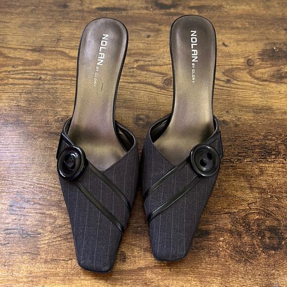 Nolan Belk Black Striped Large Button “Zachary” Fabric Upper Mules - Picture 5 of 11